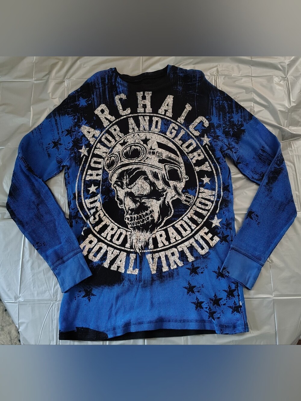 Archaic Affliction Black & Blue Knit Thermal Long Sleeve Graphic Shirt Size XL